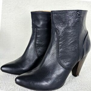 Frye Regina Heel Bootie Black Leather Pointed Toe Ankle Boots Cone Heel Chic